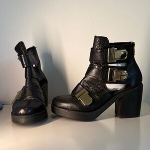 Topshop Black Leather Ankle Boots with Gold Buckles